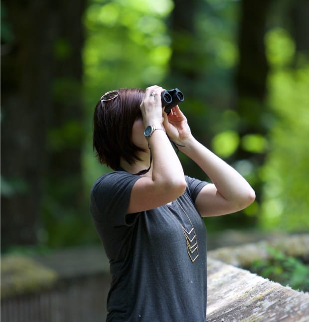 a picture of a woman looking through binoculars at birds in the forest on a bird tour